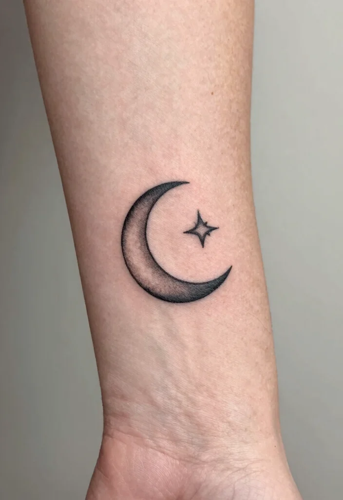 14 5 Star Tattoo Ideas With Minimal Style 40 14 5 Star Tattoo Ideas With Minimal Style - 10. Crescent Moon and Star 1
