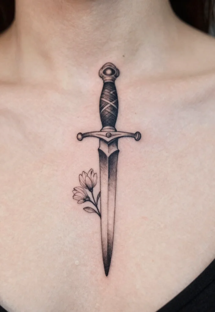 14 Dagger Sternum Tattoo Ideas With Sharp Detail 1 14 Dagger Sternum Tattoo Ideas With Sharp Detail - 1. Elegant Single Dagger 1