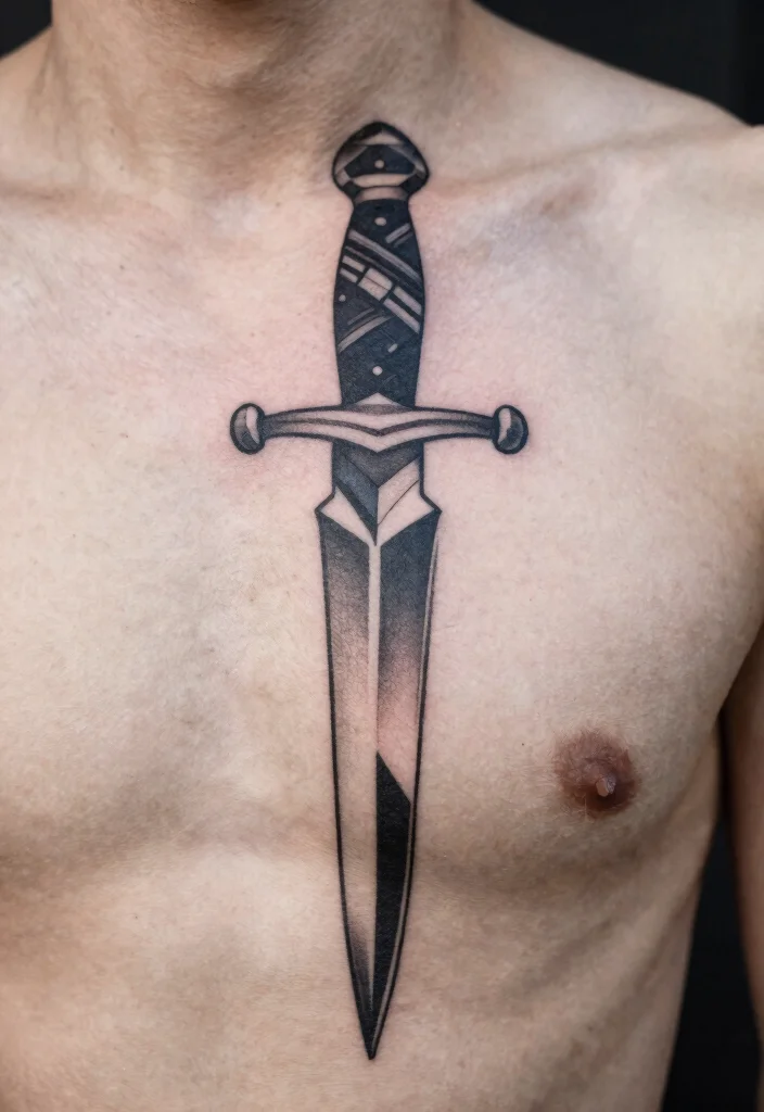 14 Dagger Sternum Tattoo Ideas With Sharp Detail 50 14 Dagger Sternum Tattoo Ideas With Sharp Detail - 10. Geometric Dagger Design 1