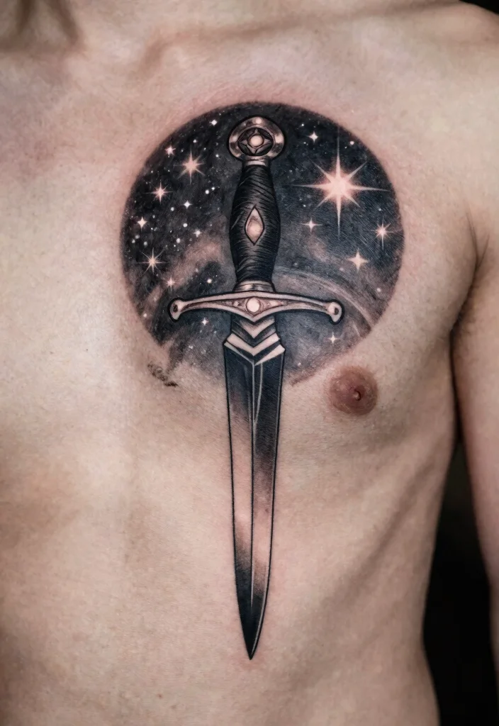 14 Dagger Sternum Tattoo Ideas With Sharp Detail 51 14 Dagger Sternum Tattoo Ideas With Sharp Detail - 11. Dagger with Starry Night Background 1