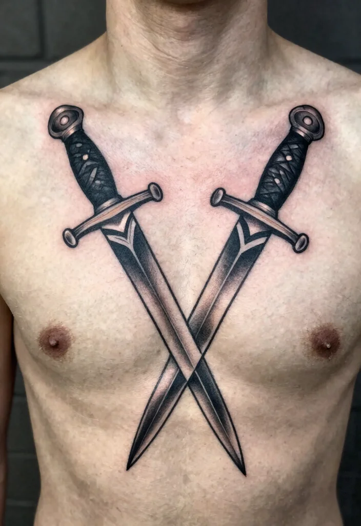 14 Dagger Sternum Tattoo Ideas With Sharp Detail 63 14 Dagger Sternum Tattoo Ideas With Sharp Detail - 13. Double Dagger Design 1