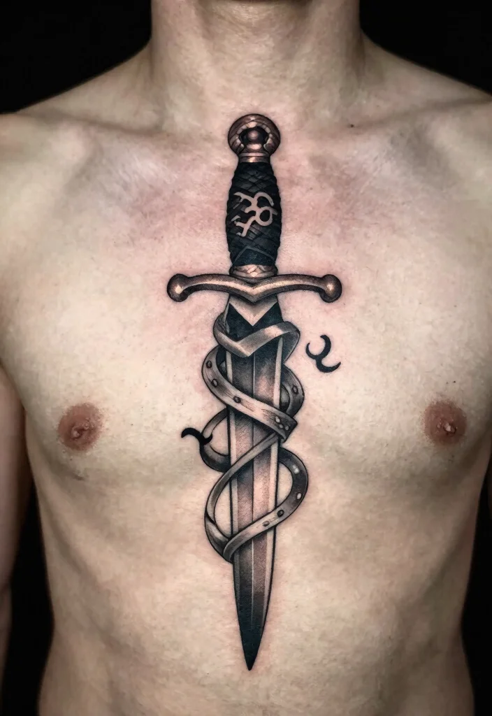 14 Dagger Sternum Tattoo Ideas With Sharp Detail 64 14 Dagger Sternum Tattoo Ideas With Sharp Detail - 14. Dagger with Personal Symbolism 1