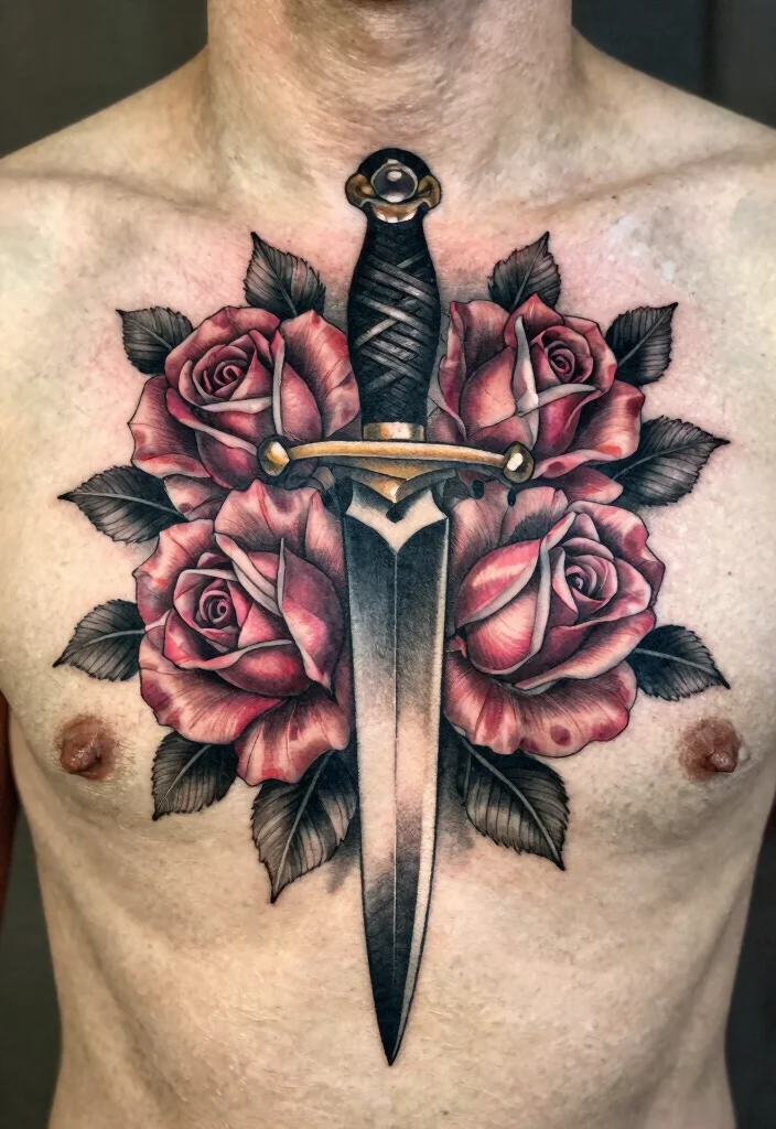 14 Dagger Sternum Tattoo Ideas With Sharp Detail 2 14 Dagger Sternum Tattoo Ideas With Sharp Detail - 2. Dagger with Roses 1