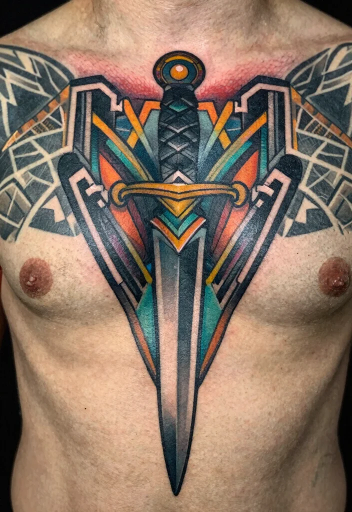 14 Dagger Sternum Tattoo Ideas With Sharp Detail 3 14 Dagger Sternum Tattoo Ideas With Sharp Detail - 3. Art Deco Dagger 1