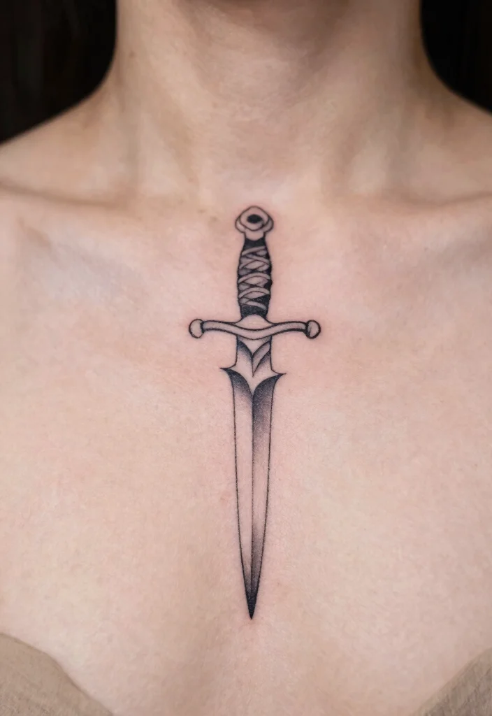 14 Dagger Sternum Tattoo Ideas With Sharp Detail 4 14 Dagger Sternum Tattoo Ideas With Sharp Detail - 4. Minimalist Line Art Dagger 1