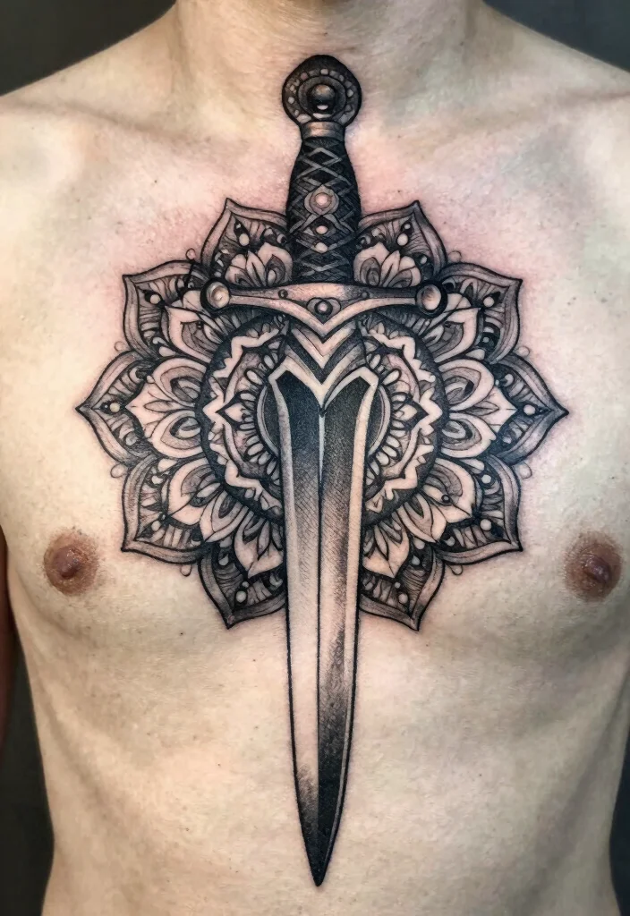 14 Dagger Sternum Tattoo Ideas With Sharp Detail 5 14 Dagger Sternum Tattoo Ideas With Sharp Detail - 5. Ornate Dagger with Mandala Elements 1