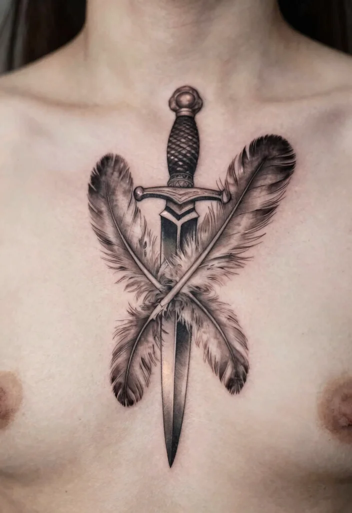 14 Dagger Sternum Tattoo Ideas With Sharp Detail 16 14 Dagger Sternum Tattoo Ideas With Sharp Detail - 6. Dagger with Feather Details 1