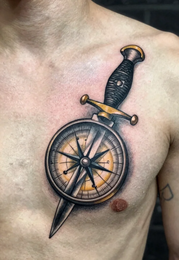 14 Dagger Sternum Tattoo Ideas With Sharp Detail 17 14 Dagger Sternum Tattoo Ideas With Sharp Detail - 7. Dagger and Compass 1