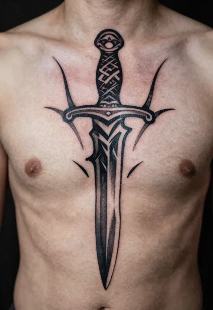 14 Dagger Sternum Tattoo Ideas With Sharp Detail 28 14 Dagger Sternum Tattoo Ideas With Sharp Detail - 8. Tribal Dagger 1