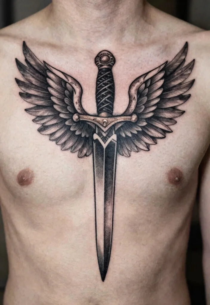 14 Dagger Sternum Tattoo Ideas With Sharp Detail 39 14 Dagger Sternum Tattoo Ideas With Sharp Detail - 9. Dagger with Wings 1