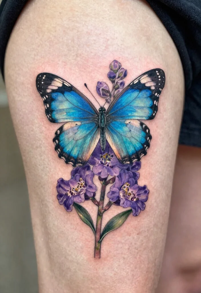14 July Birth Flower Tattoo Larkspur Ideas With Delicate Charm - 2. Larkspur and Butterfly Fusion 1