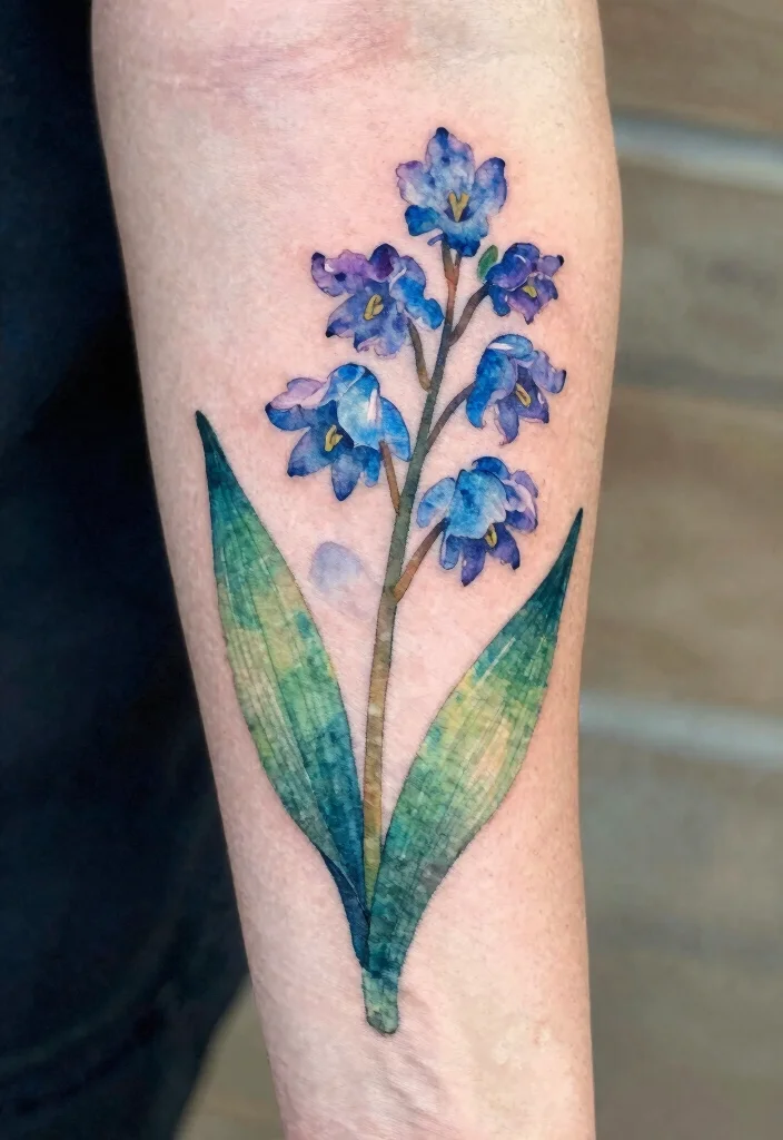 14 July Birth Flower Tattoo Larkspur Ideas With Delicate Charm - 4. Watercolor Larkspur Design 1