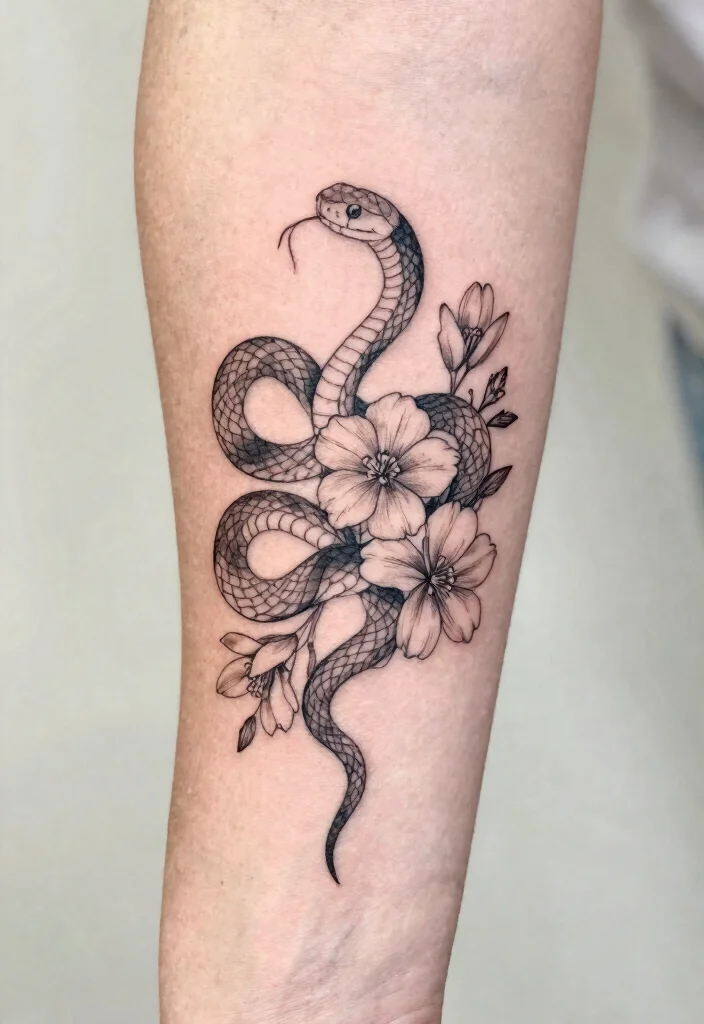 14 Snake Minimalist Tattoo Ideas With Clean Lines 15 14 Snake Minimalist Tattoo Ideas With Clean Lines - 5. Minimalist Snake with Flowers 1