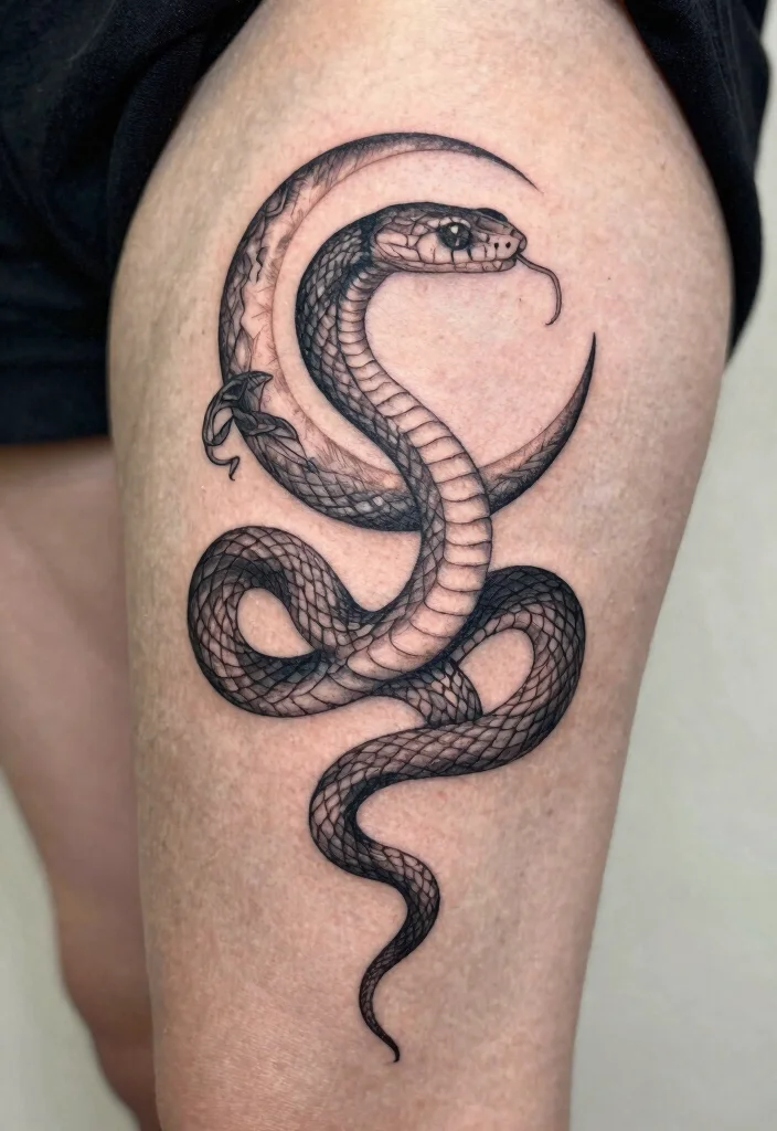 14 Snake Minimalist Tattoo Ideas With Clean Lines 38 14 Snake Minimalist Tattoo Ideas With Clean Lines - 8. Snake and Moon 1