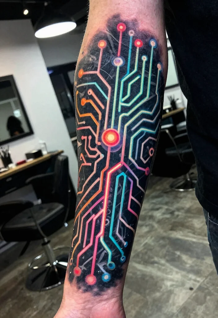 15 Cybersigilism Tattoo Sleeve Ideas With Futuristic Flow - 1. Neon Circuitry 1