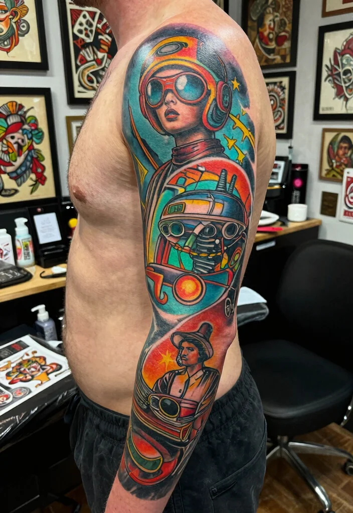 15 Cybersigilism Tattoo Sleeve Ideas With Futuristic Flow - 14. Retro-Futurism 1