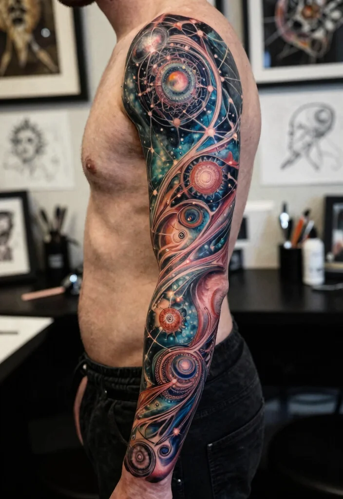 15 Cybersigilism Tattoo Sleeve Ideas With Futuristic Flow - 4. Quantum Patterns 1