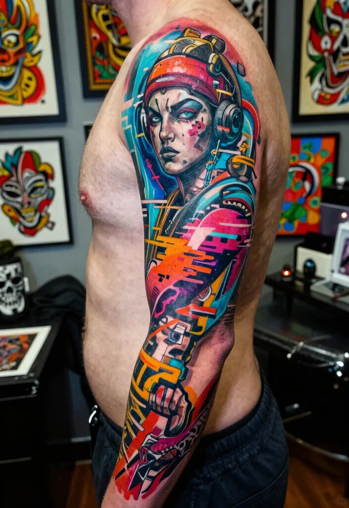 15 Cybersigilism Tattoo Sleeve Ideas With Futuristic Flow - 5. Digital Glitches 1