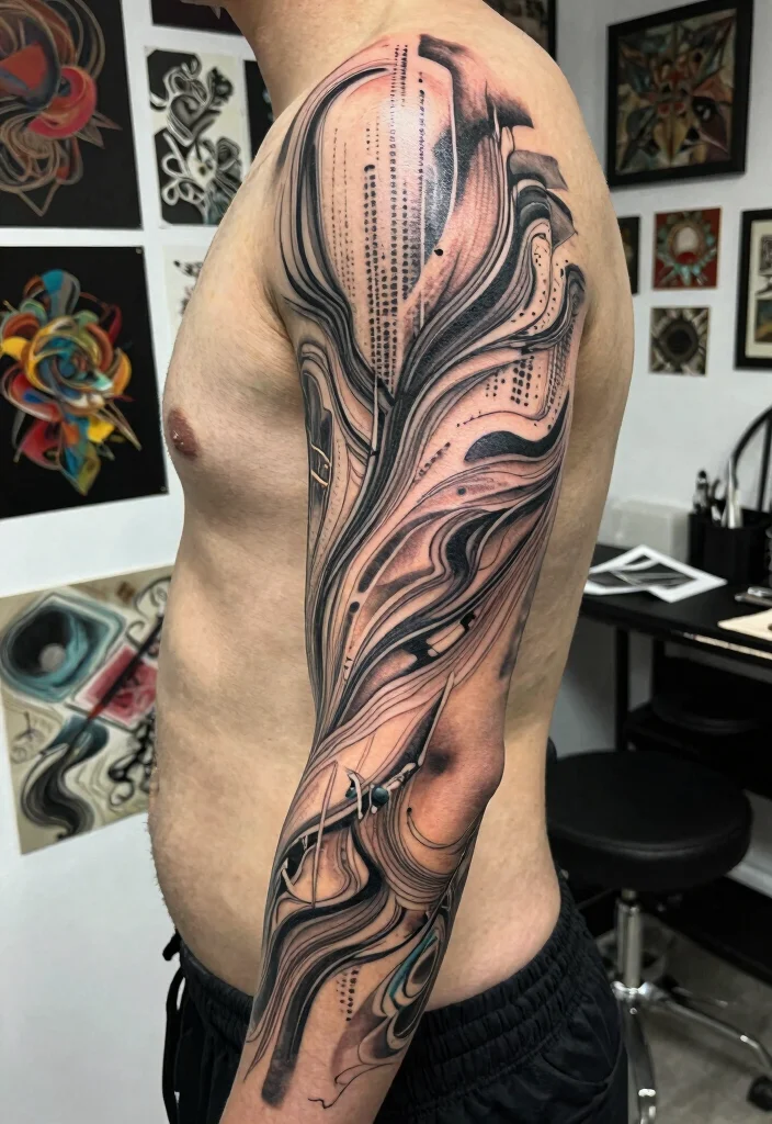 15 Cybersigilism Tattoo Sleeve Ideas With Futuristic Flow - 7. Abstract Data Streams 1