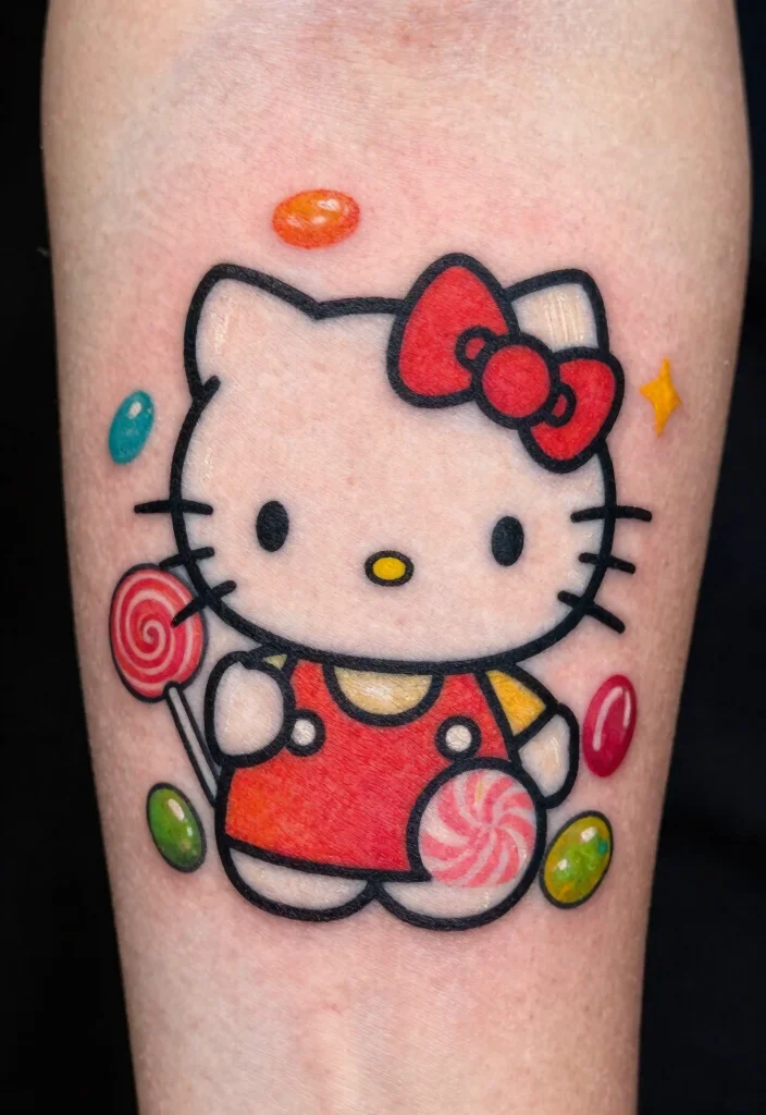 15 Hello Kitty Flash Tattoo Ideas With Cute Retro Vibes 49 15 Hello Kitty Flash Tattoo Ideas With Cute Retro Vibes - 9. Hello Kitty with Retro Candy 1