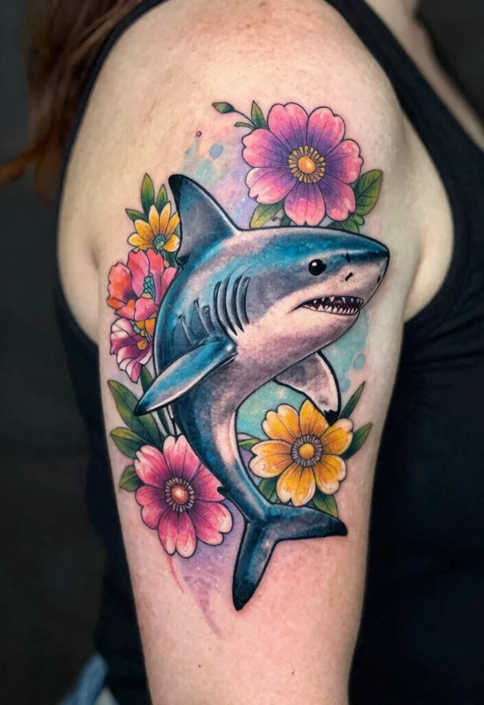 15 Mako Shark Tattoo Ideas With Sleek Power 26 15 Mako Shark Tattoo Ideas With Sleek Power - 6. Mako Shark with Floral Accents 1