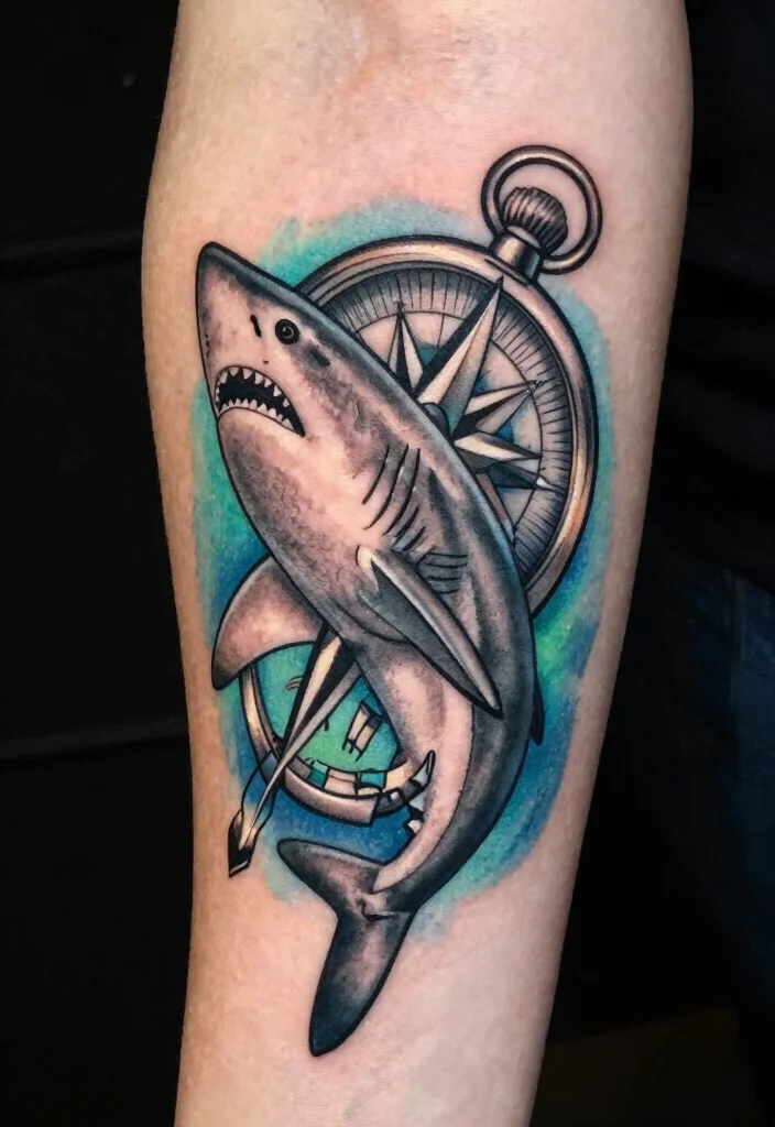 15 Mako Shark Tattoo Ideas With Sleek Power 28 15 Mako Shark Tattoo Ideas With Sleek Power - 8. Mako Shark and Compass Design 1