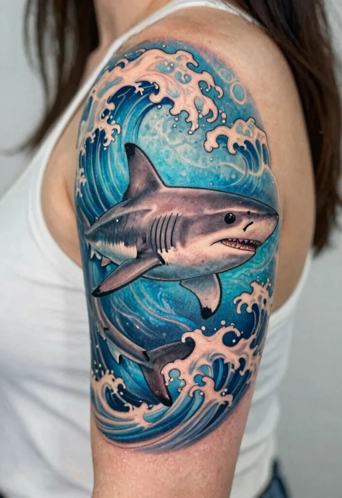 15 Mako Shark Tattoo Ideas With Sleek Power 39 15 Mako Shark Tattoo Ideas With Sleek Power - 9. Mako Shark with Ocean Waves 1