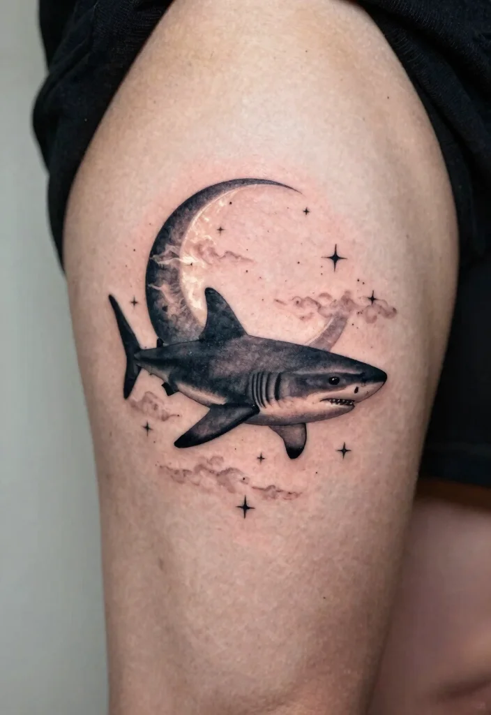 15 Mini Shark Tattoo Ideas With Minimal Edge 43 15 Mini Shark Tattoo Ideas With Minimal Edge - 13. Shark and Moon Connection 1