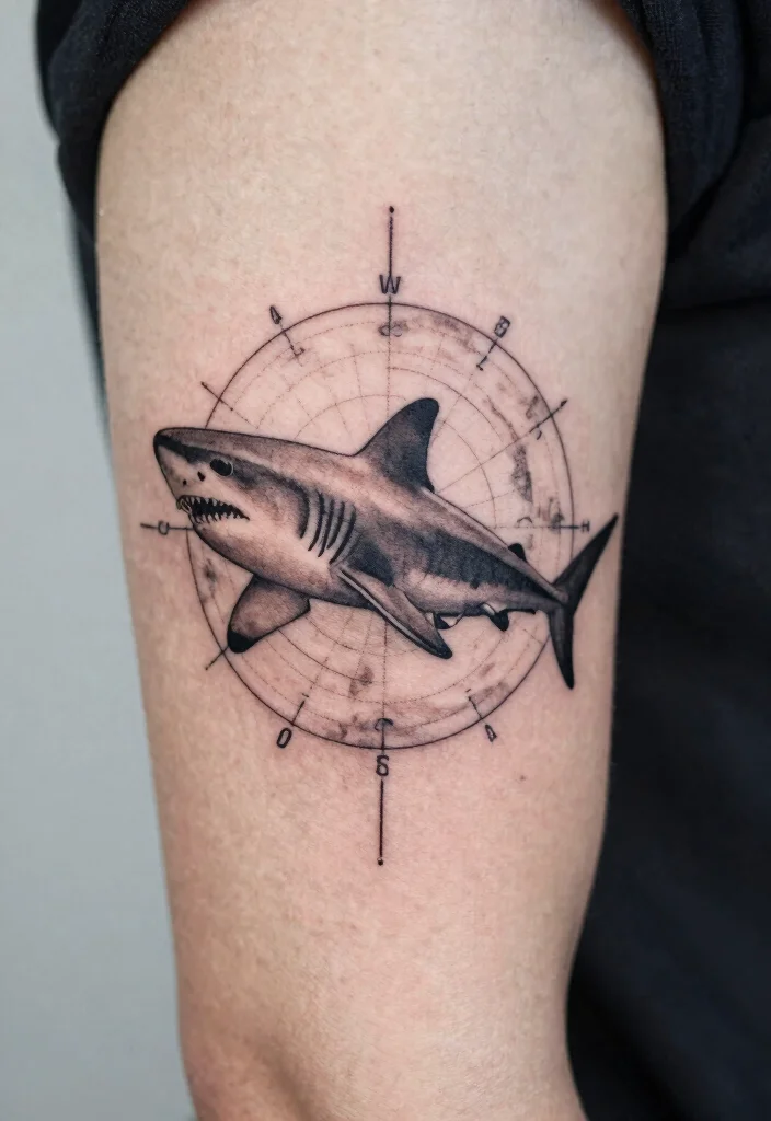 15 Mini Shark Tattoo Ideas With Minimal Edge 54 15 Mini Shark Tattoo Ideas With Minimal Edge - 14. Shark with Coordinates 1
