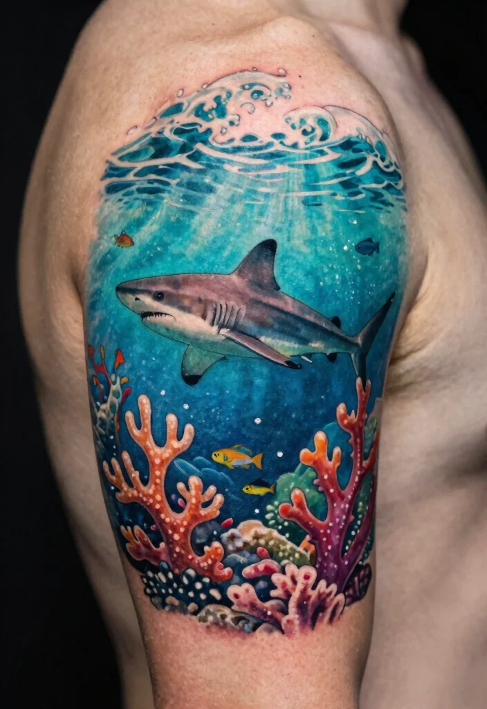 15 Mini Shark Tattoo Ideas With Minimal Edge 26 15 Mini Shark Tattoo Ideas With Minimal Edge - 6. Underwater Scene With a Shark 1