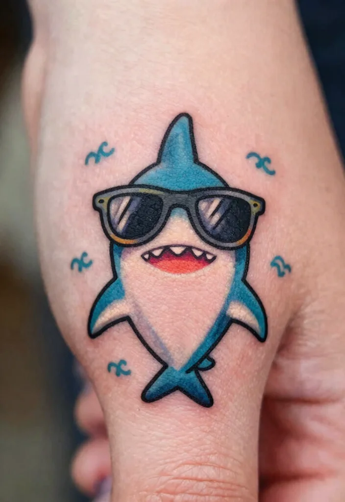 15 Mini Shark Tattoo Ideas With Minimal Edge 39 15 Mini Shark Tattoo Ideas With Minimal Edge - 9. Whimsical Shark with Sunglasses 1