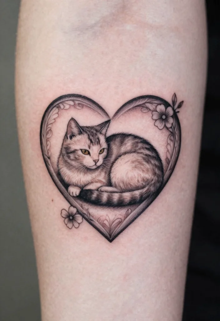 15 Pet Memorial Tattoo Cat Ideas With Heartfelt Meaning 62 15 Pet Memorial Tattoo Cat Ideas With Heartfelt Meaning - 12. Cat in a Heart 1