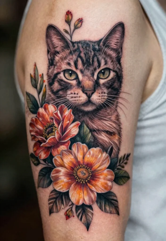 15 Pet Memorial Tattoo Cat Ideas With Heartfelt Meaning 48 15 Pet Memorial Tattoo Cat Ideas With Heartfelt Meaning - 8. Floral Cat Design 1