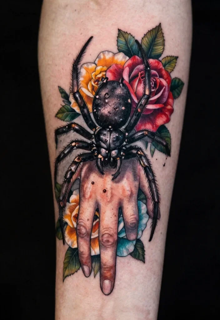 15 Spider Hand Tattoo 2026 Trending Ideas With Dark Vibes 14 15 Spider Hand Tattoo 2026 Trending Ideas With Dark Vibes - 4. Floral Accents 1