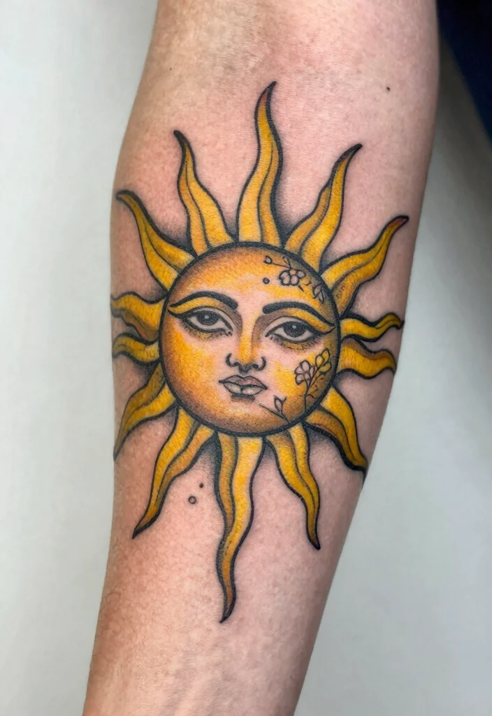 15 Sun Elbow Tattoo Ideas With Radiant Edge 1 15 Sun Elbow Tattoo Ideas With Radiant Edge - 1. The Classic Radiant Sun 1