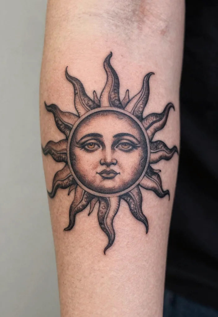 15 Sun Elbow Tattoo Ideas With Radiant Edge 52 15 Sun Elbow Tattoo Ideas With Radiant Edge - 12. Vintage Sun Illustration 1