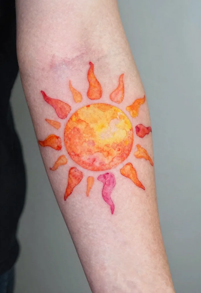 15 Sun Elbow Tattoo Ideas With Radiant Edge 2 15 Sun Elbow Tattoo Ideas With Radiant Edge - 2. Watercolor Sun Splendor 1