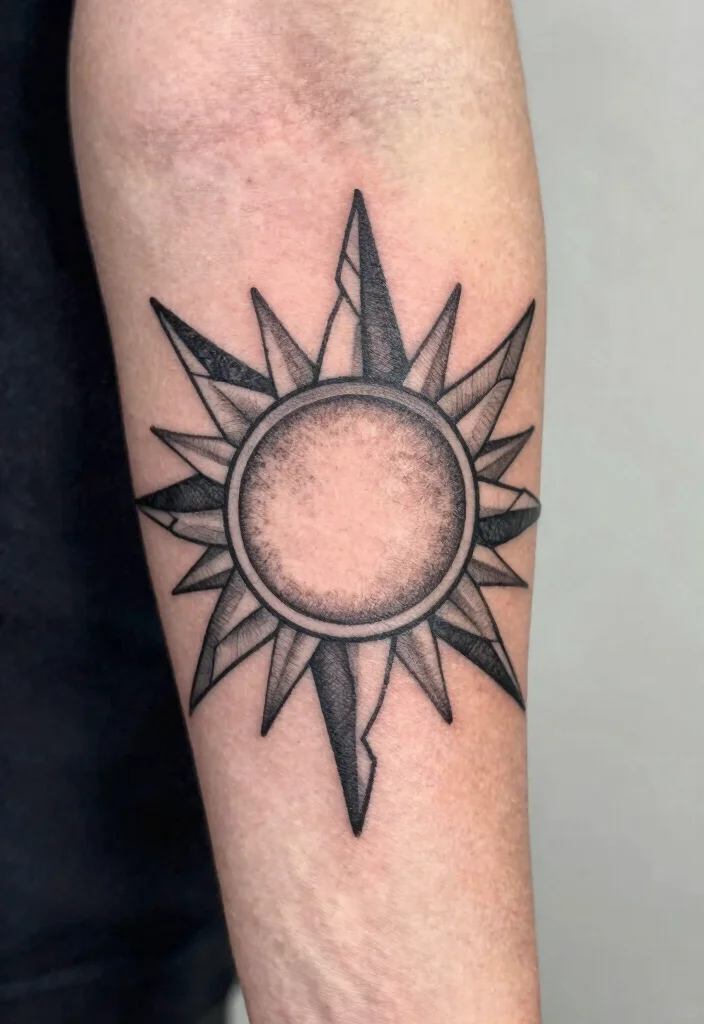15 Sun Elbow Tattoo Ideas With Radiant Edge 4 15 Sun Elbow Tattoo Ideas With Radiant Edge - 4. Geometric Sun Design 1