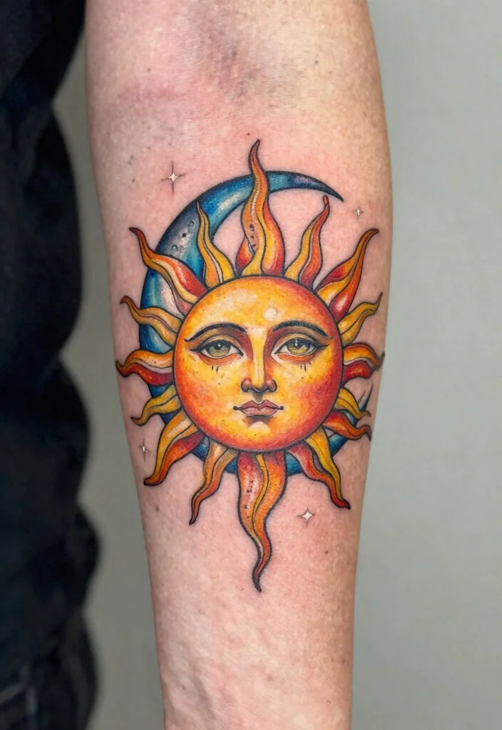15 Sun Elbow Tattoo Ideas With Radiant Edge 15 15 Sun Elbow Tattoo Ideas With Radiant Edge - 5. Celestial Sun and Moon Fusion 1