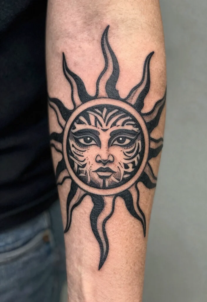 15 Sun Elbow Tattoo Ideas With Radiant Edge 26 15 Sun Elbow Tattoo Ideas With Radiant Edge - 6. Detailed Tribal Sun Tattoo 1