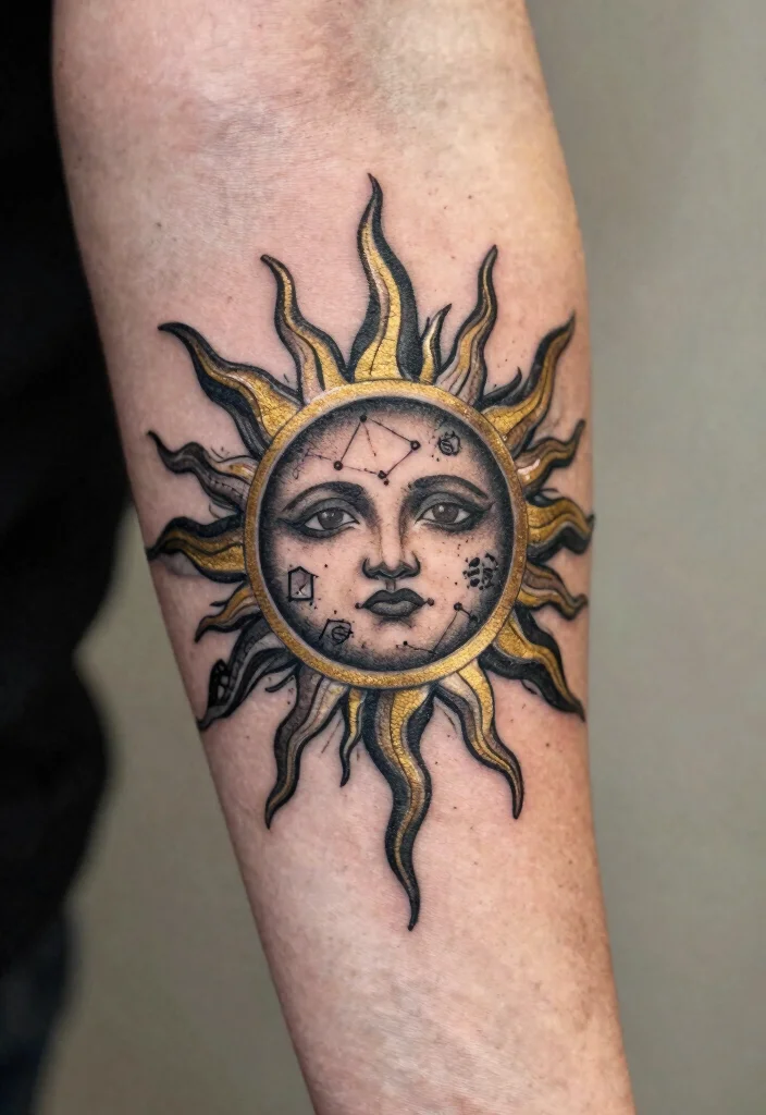 15 Sun Elbow Tattoo Ideas With Radiant Edge 48 15 Sun Elbow Tattoo Ideas With Radiant Edge - 8. Zodiac Sun Tattoo 1
