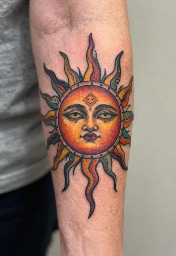 15 Sun Elbow Tattoo Ideas With Radiant Edge 49 15 Sun Elbow Tattoo Ideas With Radiant Edge - 9. Folklore Sun Tattoo 1