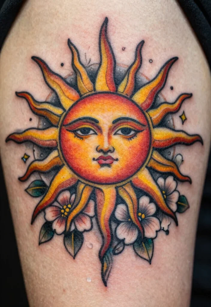 15 Sun and Moon Traditional Tattoo Ideas With Classic Symbolism 1 15 Sun and Moon Traditional Tattoo Ideas With Classic Symbolism - 1. Radiant Sun with Floral Accents 1