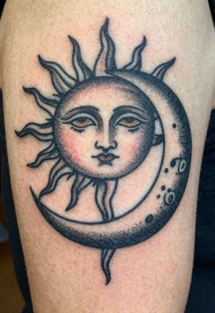 15 Sun and Moon Traditional Tattoo Ideas With Classic Symbolism 50 15 Sun and Moon Traditional Tattoo Ideas With Classic Symbolism - 10. Vintage Sun and Moon 1