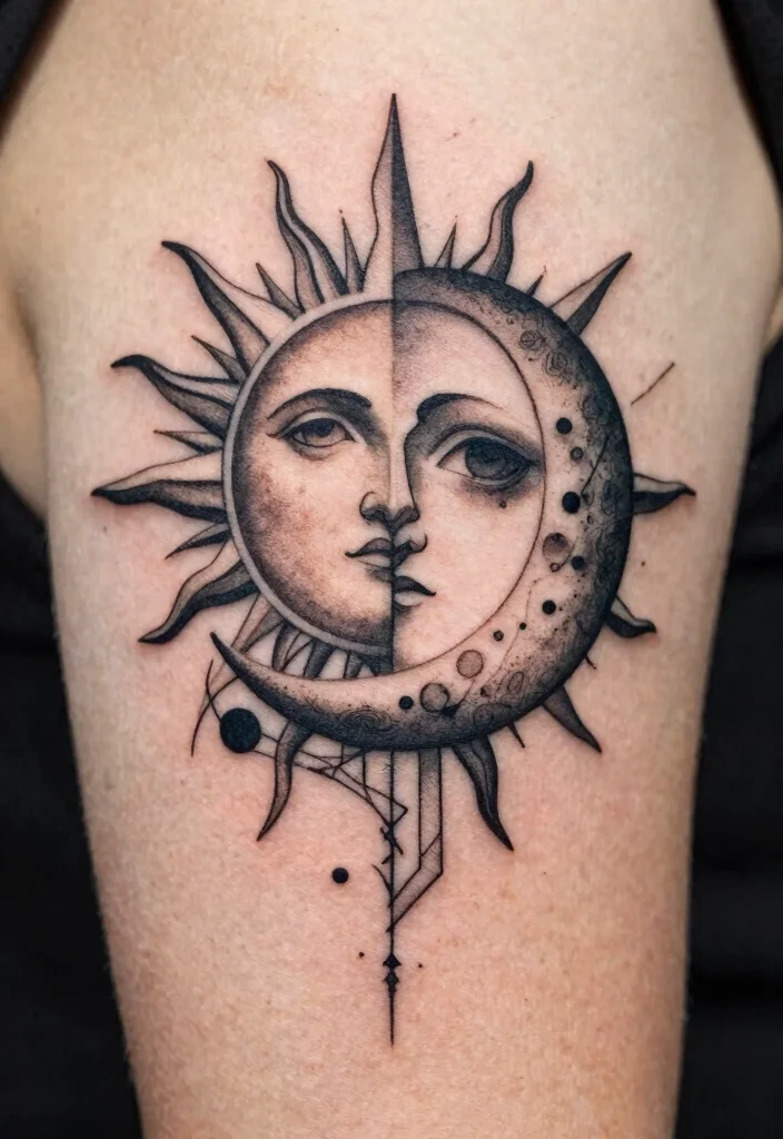 15 Sun and Moon Traditional Tattoo Ideas With Classic Symbolism 51 15 Sun and Moon Traditional Tattoo Ideas With Classic Symbolism - 11. Geometric Sun and Moon 1