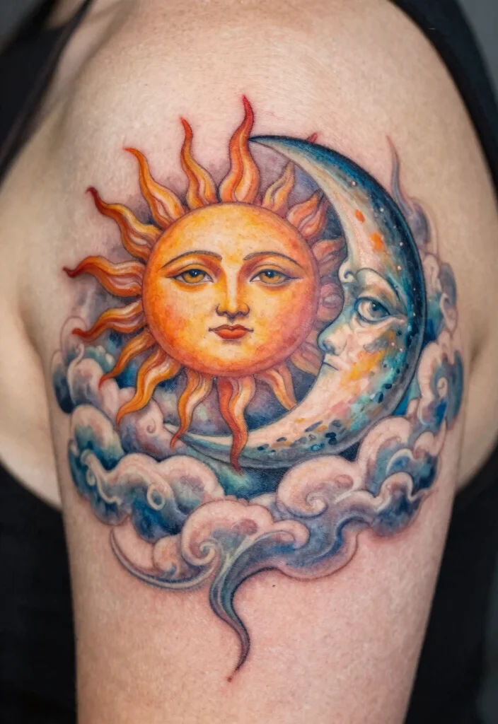 15 Sun and Moon Traditional Tattoo Ideas With Classic Symbolism 52 15 Sun and Moon Traditional Tattoo Ideas With Classic Symbolism - 12. Sun and Moon with Clouds 1
