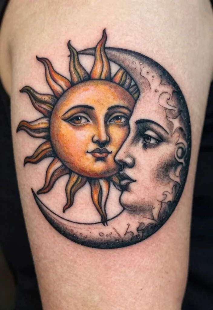 15 Sun and Moon Traditional Tattoo Ideas With Classic Symbolism 53 15 Sun and Moon Traditional Tattoo Ideas With Classic Symbolism - 13. Sun and Moon with Face 1