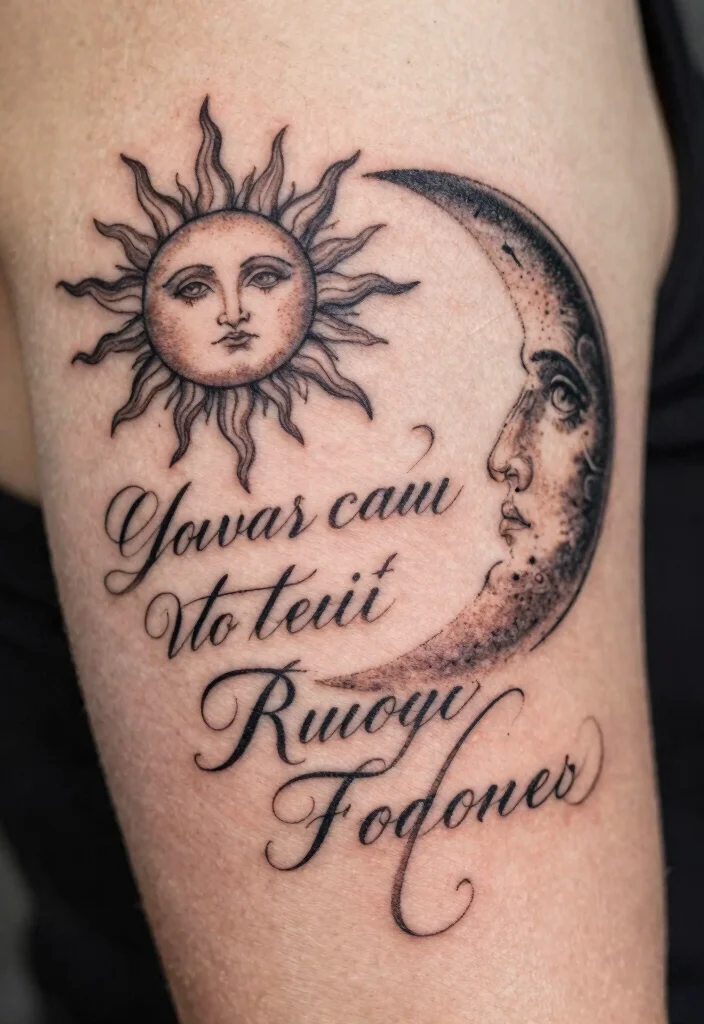 15 Sun and Moon Traditional Tattoo Ideas With Classic Symbolism 55 15 Sun and Moon Traditional Tattoo Ideas With Classic Symbolism - 15. Sun and Moon with Script 1
