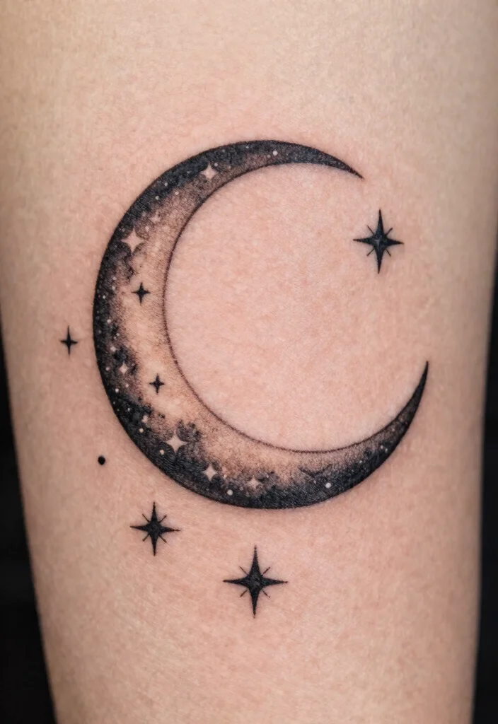 15 Sun and Moon Traditional Tattoo Ideas With Classic Symbolism 2 15 Sun and Moon Traditional Tattoo Ideas With Classic Symbolism - 2. Crescent Moon with Starry Embellishments 1