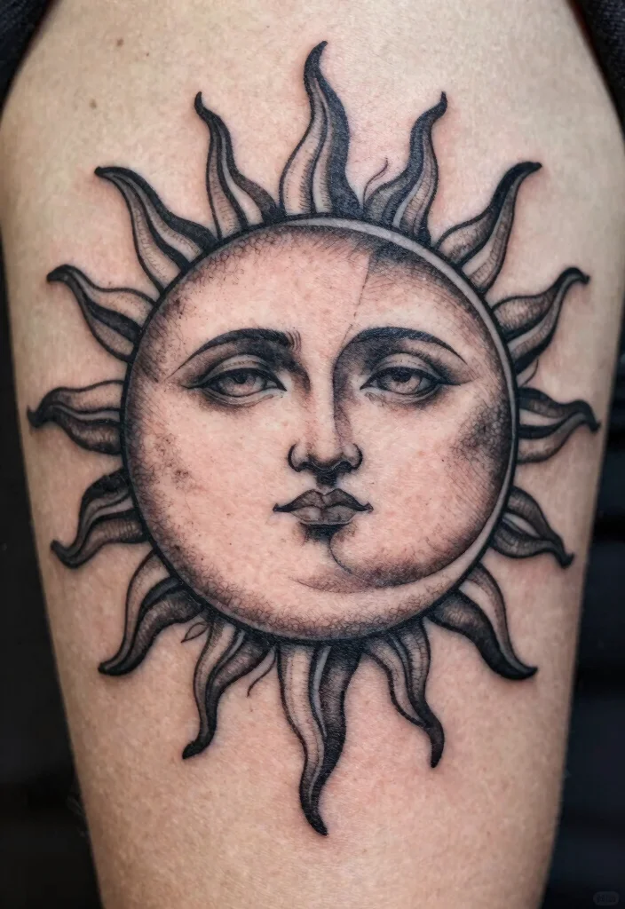 15 Sun and Moon Traditional Tattoo Ideas With Classic Symbolism 3 15 Sun and Moon Traditional Tattoo Ideas With Classic Symbolism - 3. Sun and Moon Embrace 1